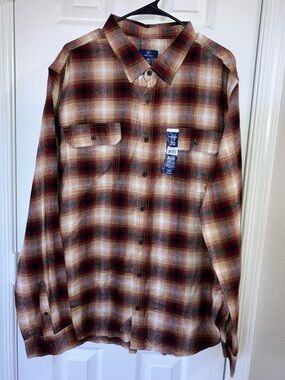 NWT George Plaid Button-Down Flannel Shirt in Brown and Red Tones